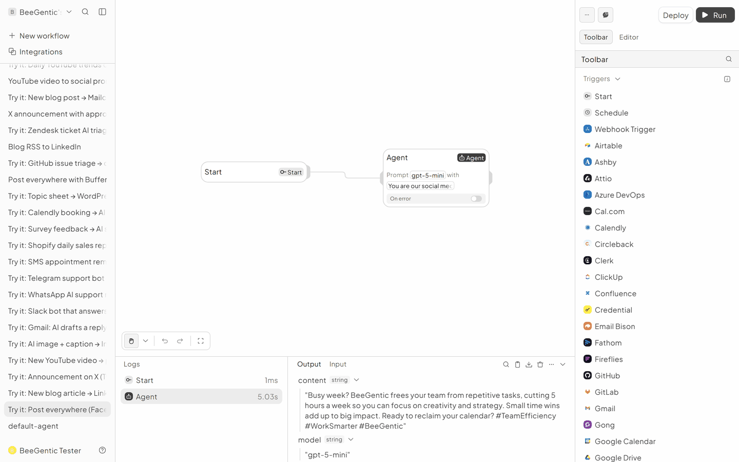 The run: Logs panel with the output