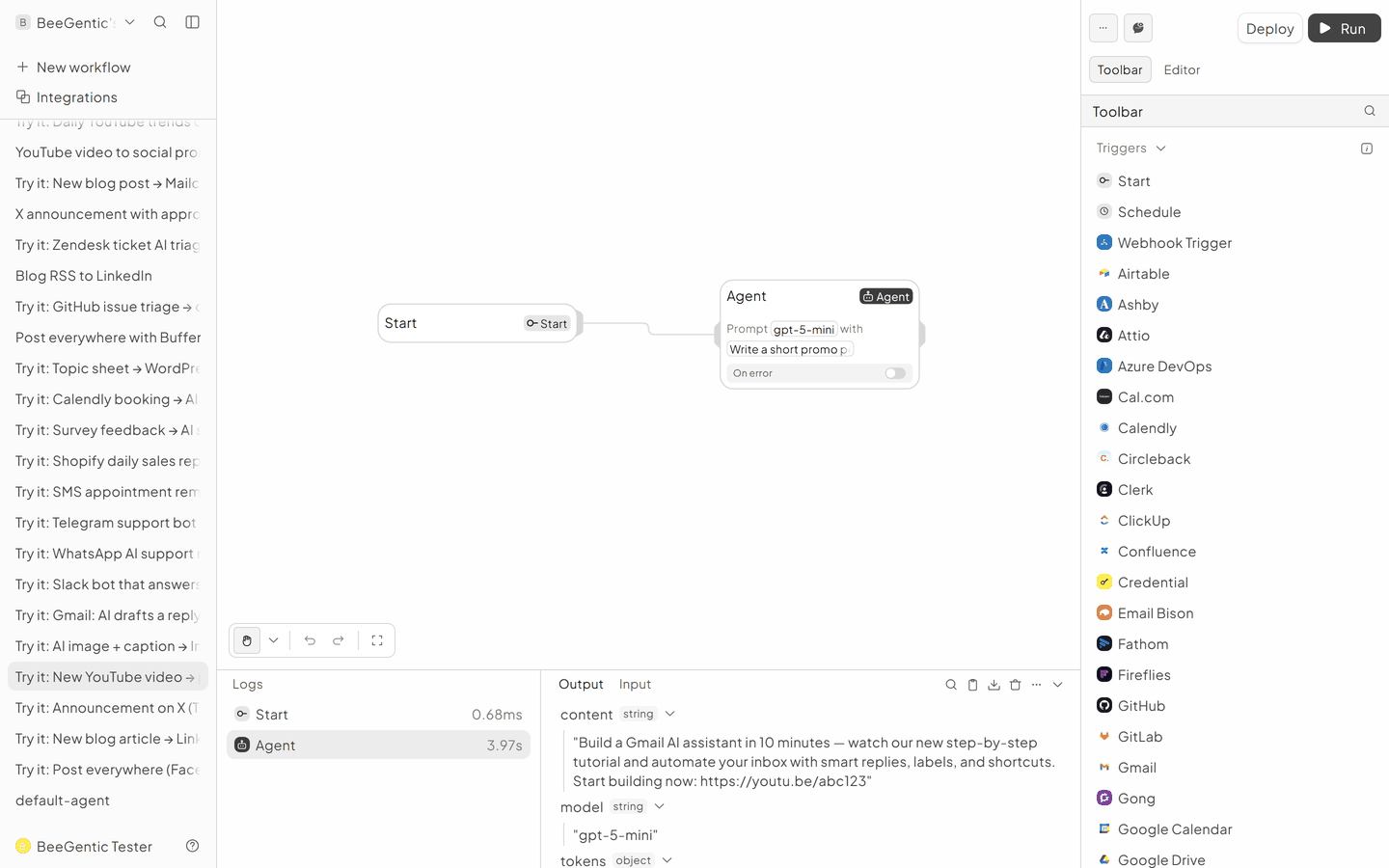 The run in BeeGentic: Logs panel with the output