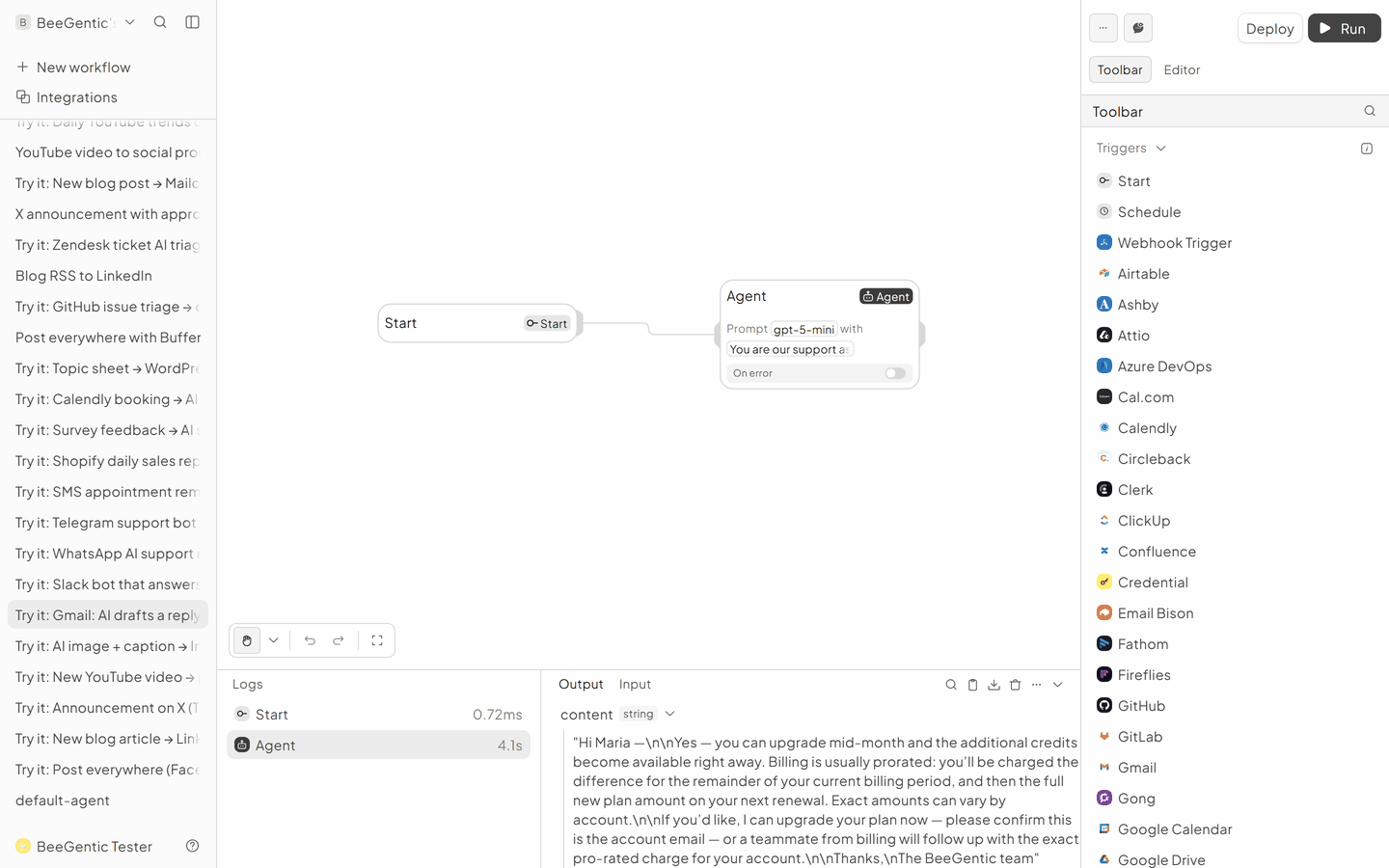 The run in BeeGentic: Logs panel with the output