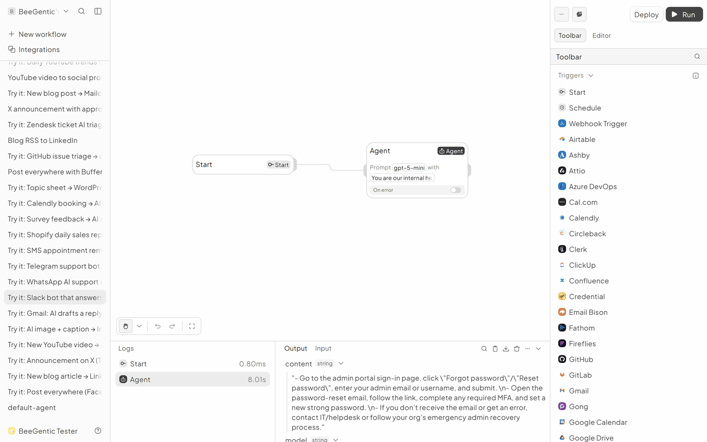 The run in BeeGentic: Logs panel with the output