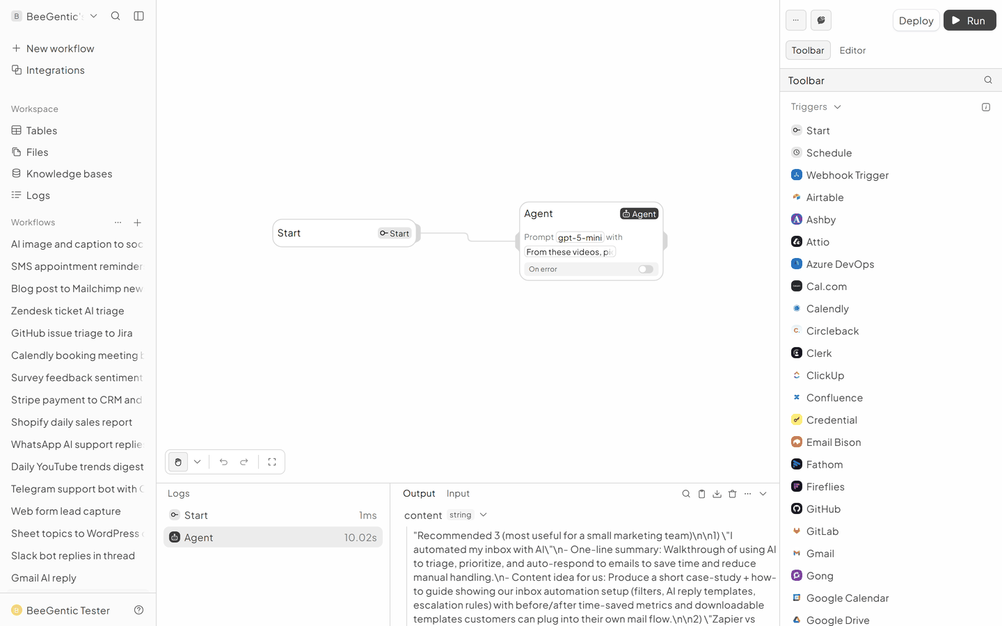 The run in BeeGentic: Logs panel with the output