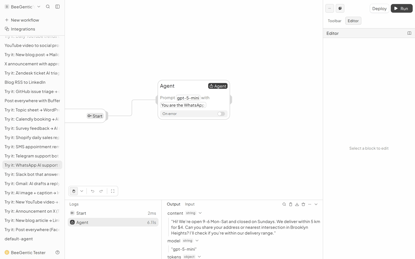The run in BeeGentic: Logs panel with the output