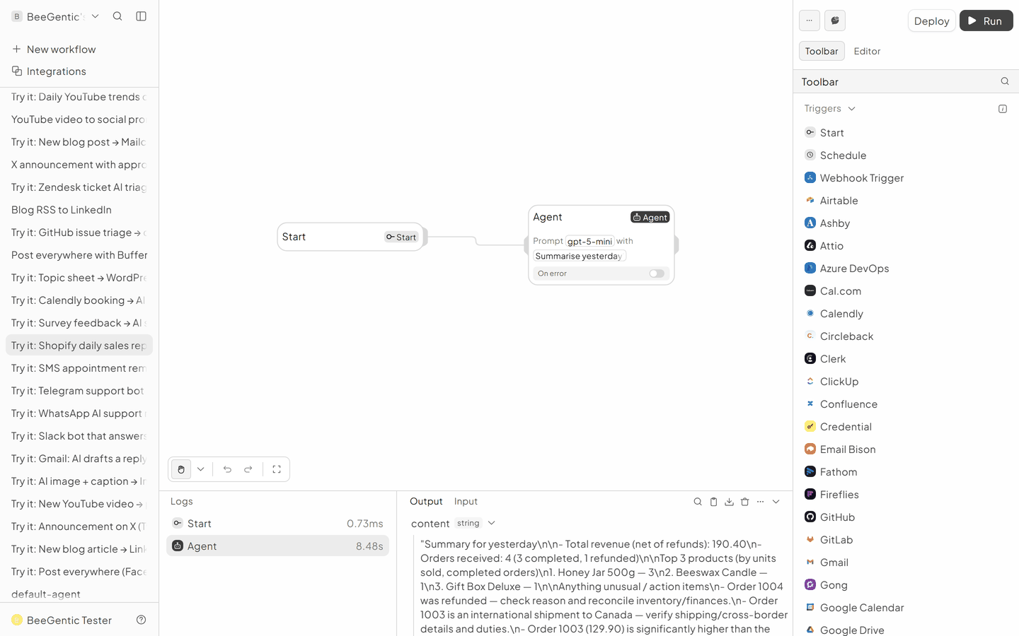 The run in BeeGentic: Logs panel with the output