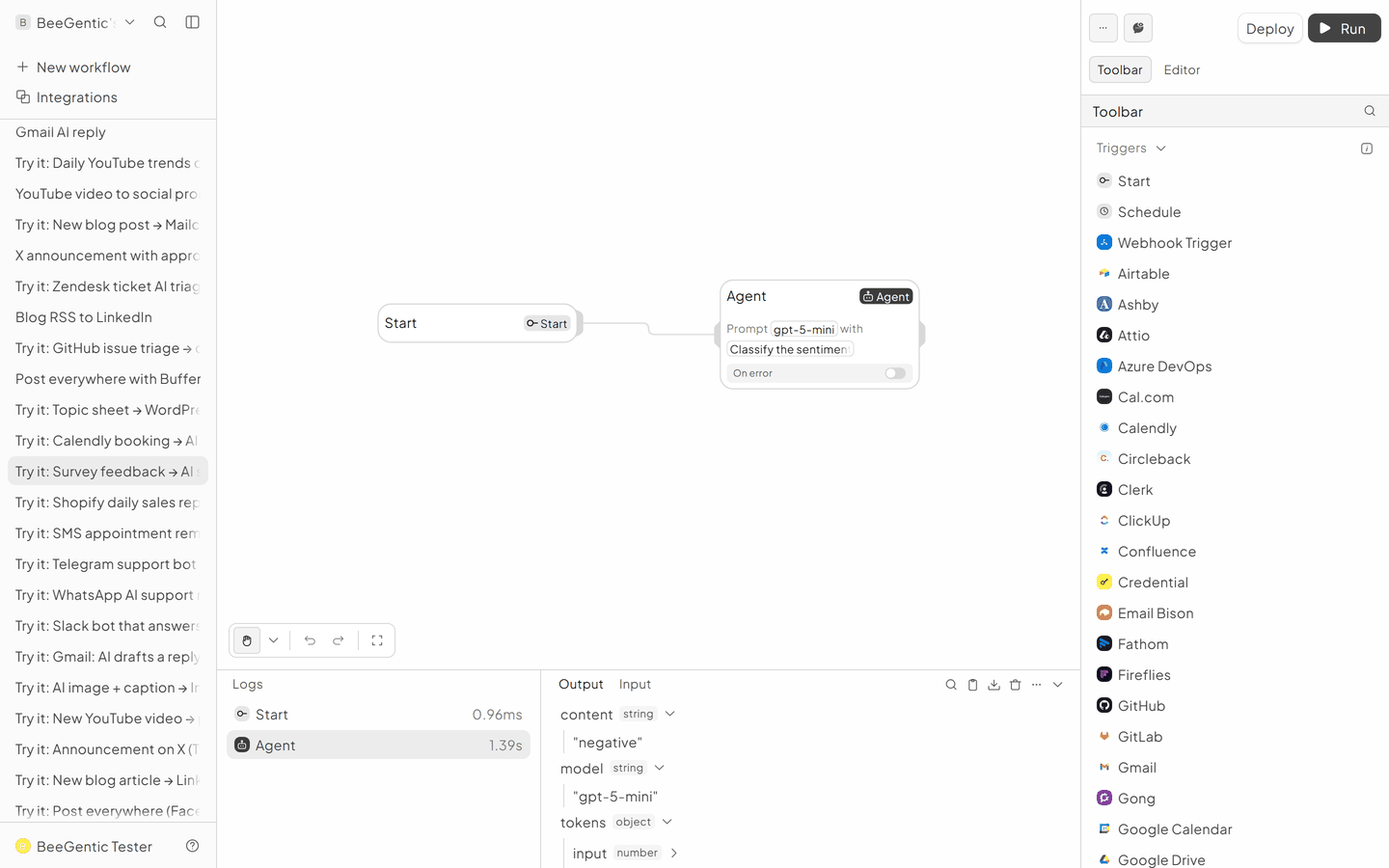 The run in BeeGentic: Logs panel with the output