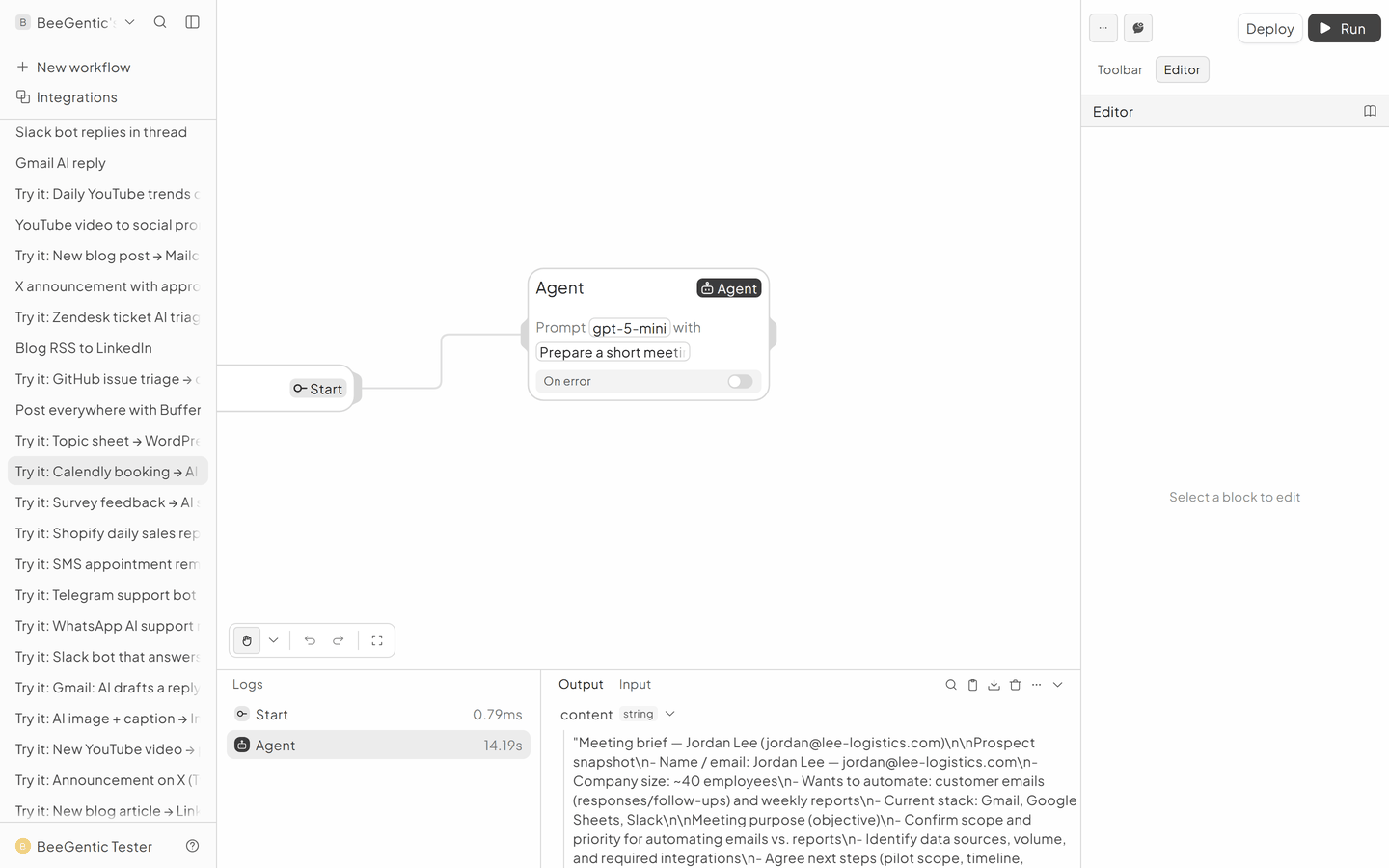 The run in BeeGentic: Logs panel with the output