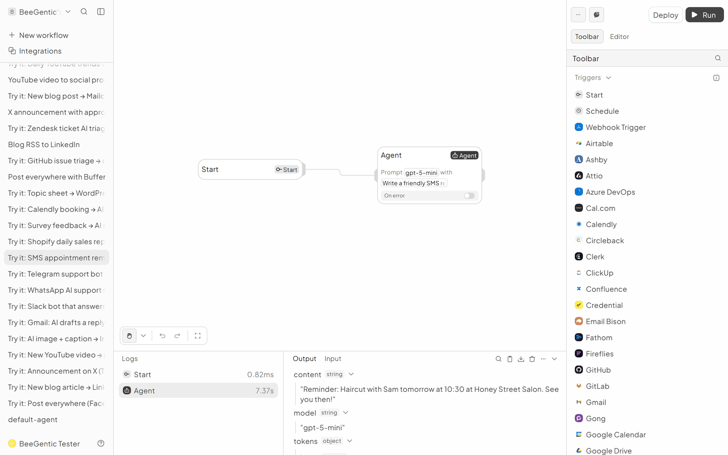 The run in BeeGentic: Logs panel with the output