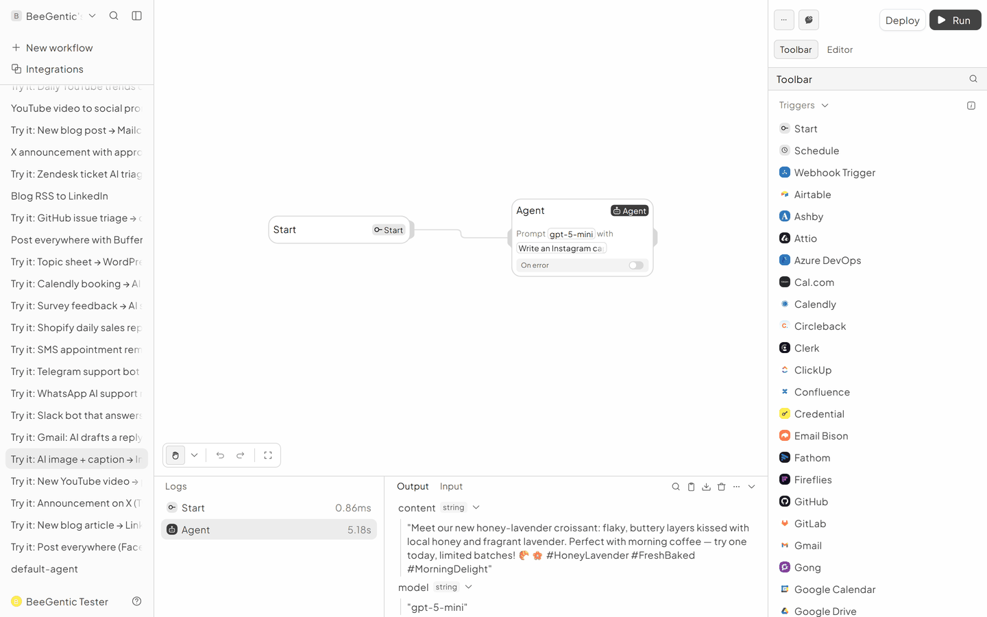 The run in BeeGentic: Logs panel with the output