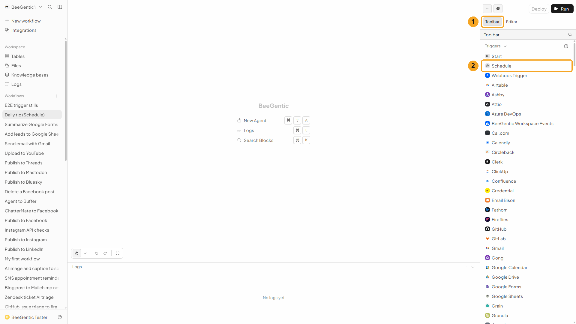 Toolbar, Triggers, Schedule