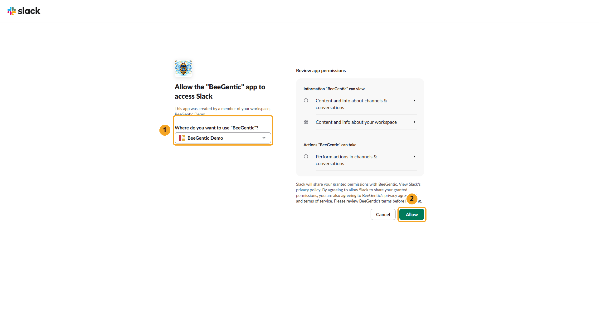 Slack permission page